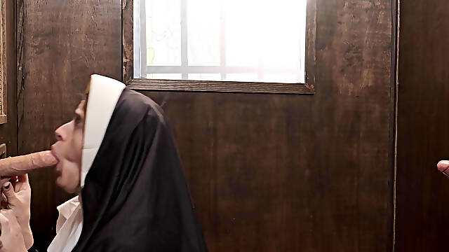 Slutty nun Abbie Maley gets fucked through a hole in the wall