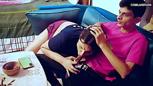 Chubby Indian MILF sucks slender guy's big cock