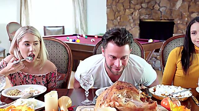 Sex starved Avi Love and Paisley Bennett consume throbbing meat for Thanksgiving