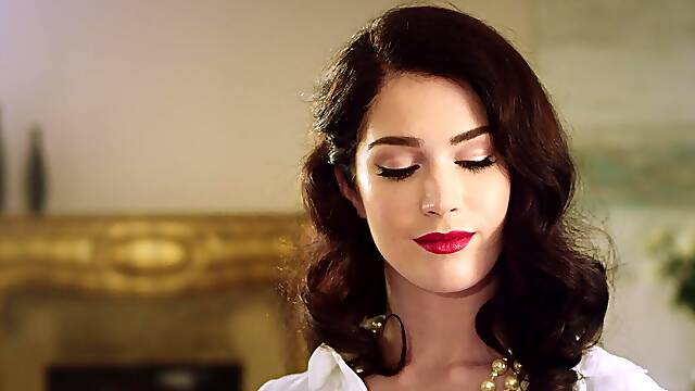 Two guys share a hot brunette in an intense threesome scene.