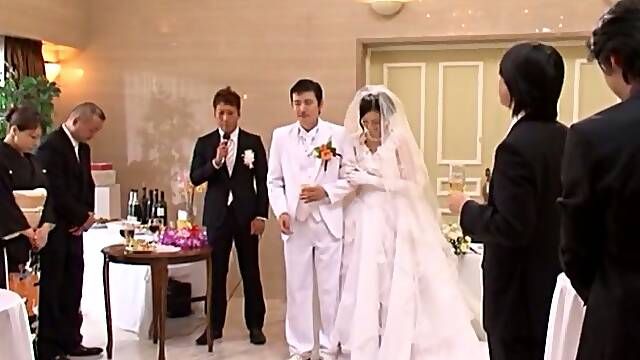 Japanese bride gets fucked by a few men after the ceremony