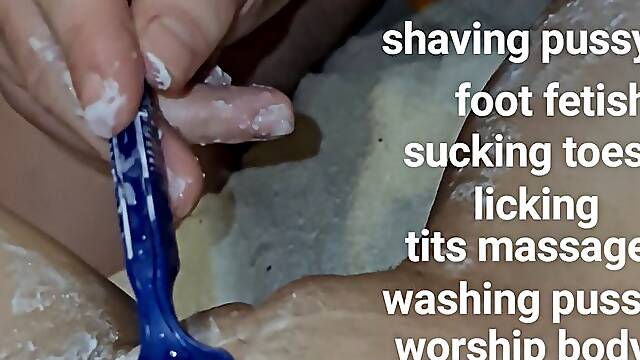 Shaving pussy, washing pussy, naked body massage with tits massage, toes sucking and licking, foot fetish and body worship with Miss GospodaricaEmma and Her Alpha man Wolfy01