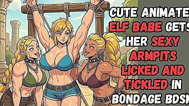 Sexy animated Elf babe with huge tits gets her gorgeous smooth toned muscled armpits licked and tickled by two kinky fetish girls in BDSM Bondage