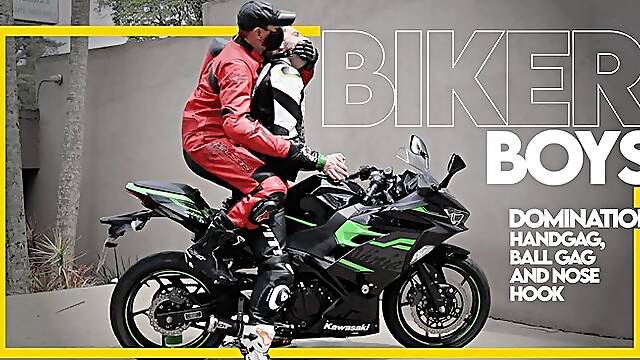 Biker Boys - Green Bike Part 1 (1080p) Gay Domination - Gay Bondage - Nose Hook - Handgag - BDSM - Biker Gear - Gloves - Tape Bondage