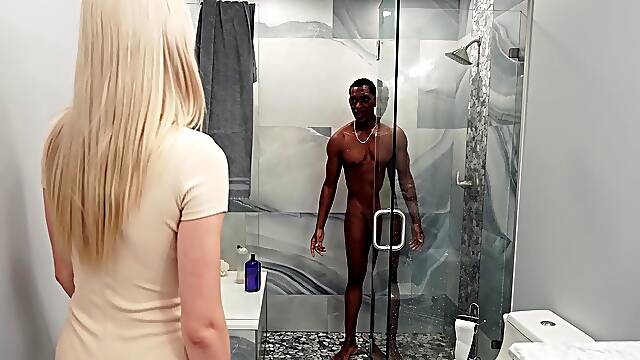 Blonde beauty shares man's fantasy and fucks his big black dick in unique modes